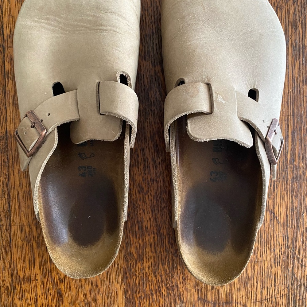 Taupe Leather Slip-On Clogs with Buckle
